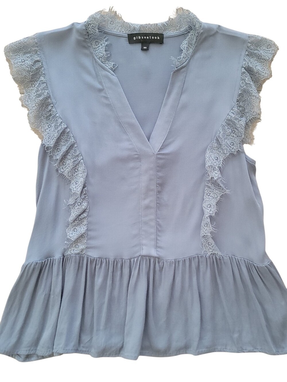 Gibsonlook Women's Lace Trim Ruffle Short Sleeve Peplum Top Gray Slate Size XS